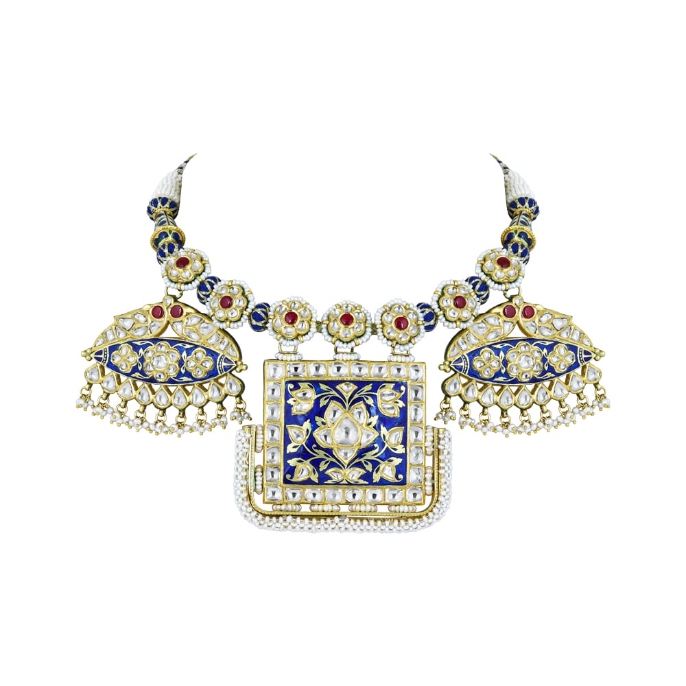 Blue Enamel Pankhi Polki Pendant Necklace
